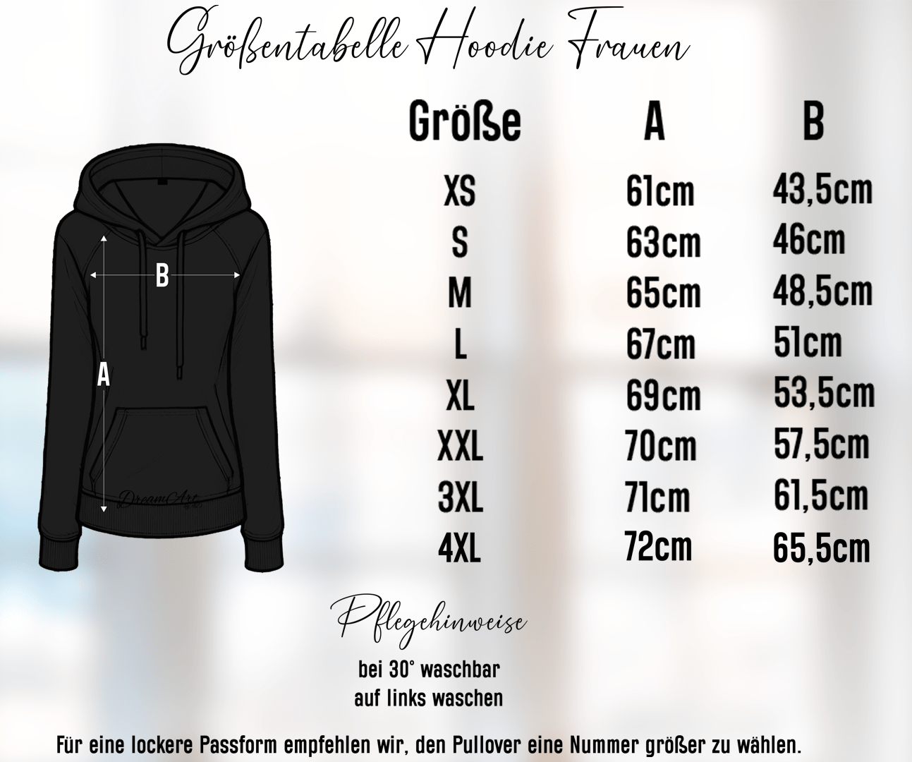 Größentabelle für Hoodies