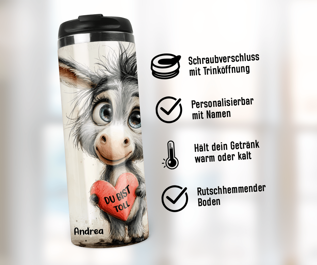 Thermobecher mit Schraubdeckel - Motiv: Süßer Esel mit Spruch