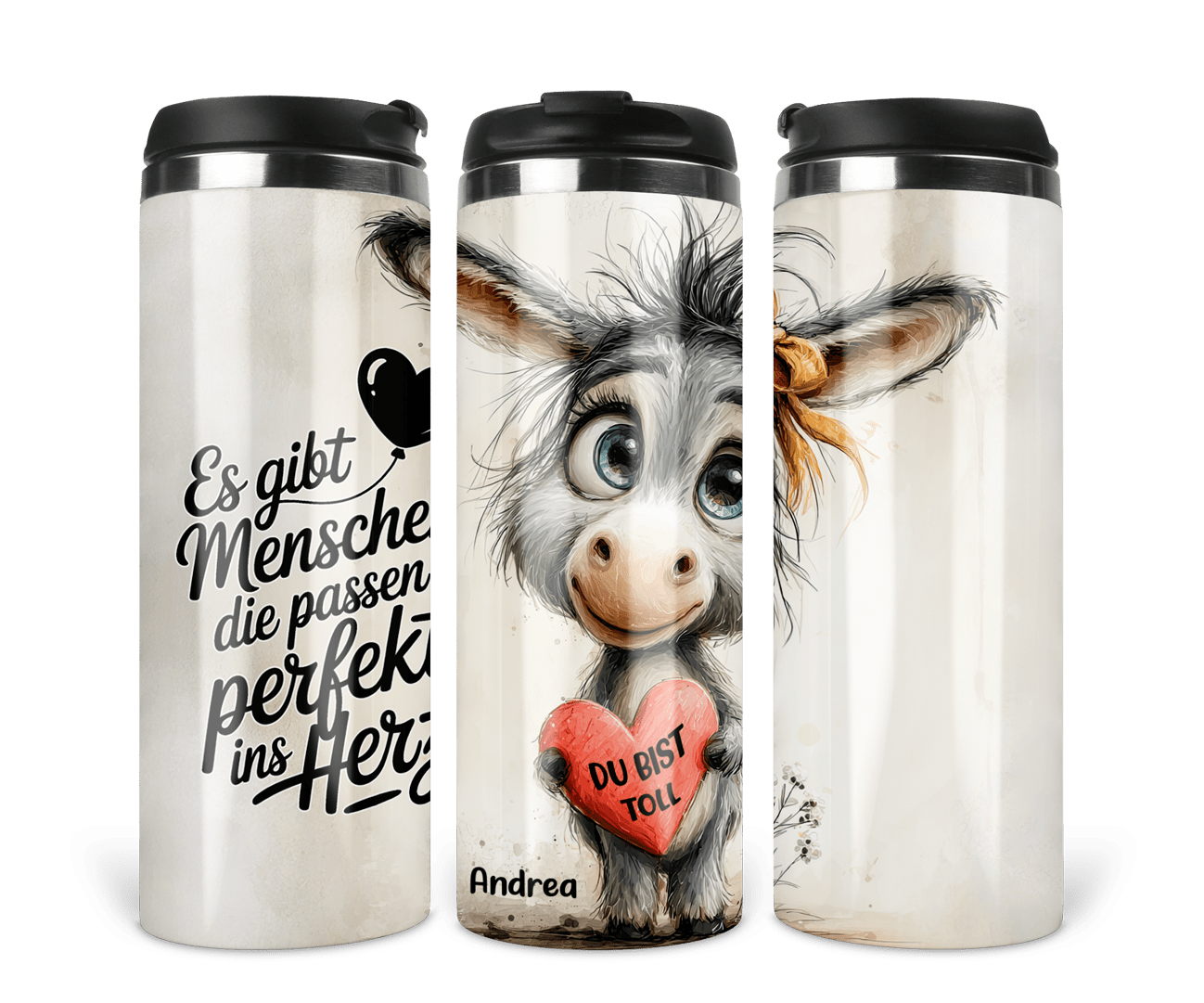 Thermobecher mit Schraubdeckel - Motiv: Süßer Esel mit Spruch