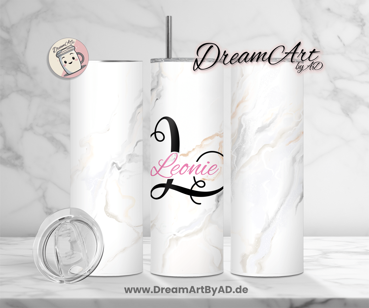 Thermobecher Marmor Optik weiß mit Name
